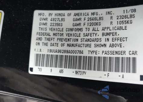 2009 Acura Tl 3.7 from USA, damaged, VIN 19UUA96289A000784